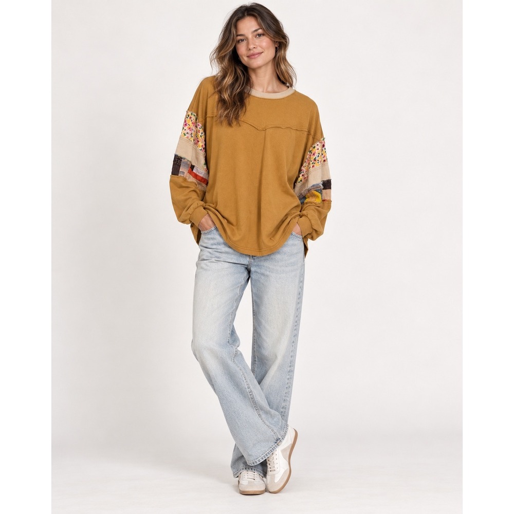 Easel Oversized Mustard Yellow Patchwork Floral Sleeve Cotton Top Medium